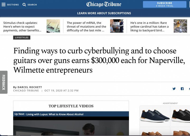 Finding ways to curb cyberbullying and to choose guitars over guns earns $300,000 each for Naperville, Wilmette entrepreneurs