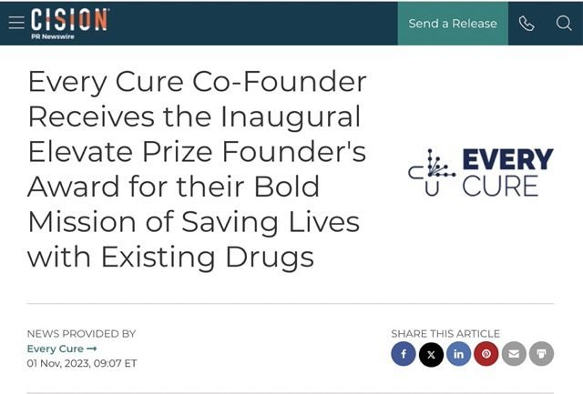 Every Cure Co-Founder Receives the Inaugural Elevate Prize Founder’s Award